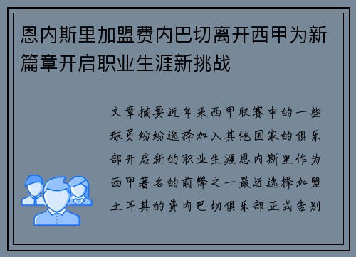 恩内斯里加盟费内巴切离开西甲为新篇章开启职业生涯新挑战
